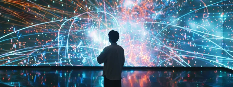 a person analyzing complex data patterns on a digital screen surrounded by glowing lines and charts.