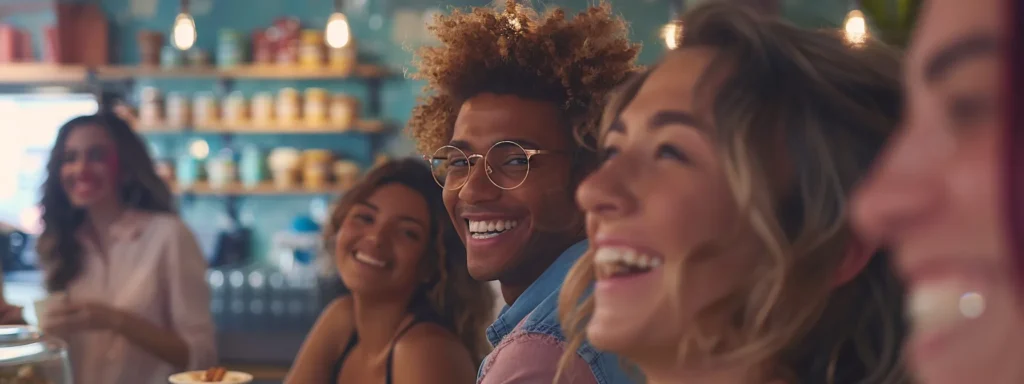 a diverse group of smiling customers enthusiastically sharing their favorite products on social media.