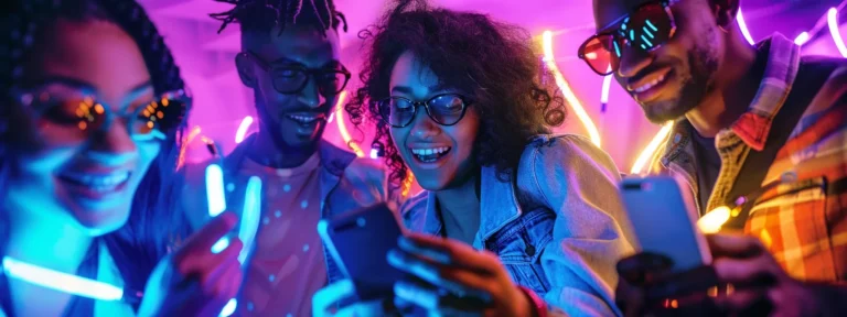 a group of diverse people creating and sharing engaging user-generated content under vibrant neon lights.