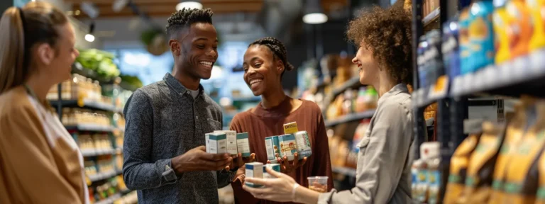 a diverse group of smiling customers holding up their favorite products in a vibrant, bustling marketplace.