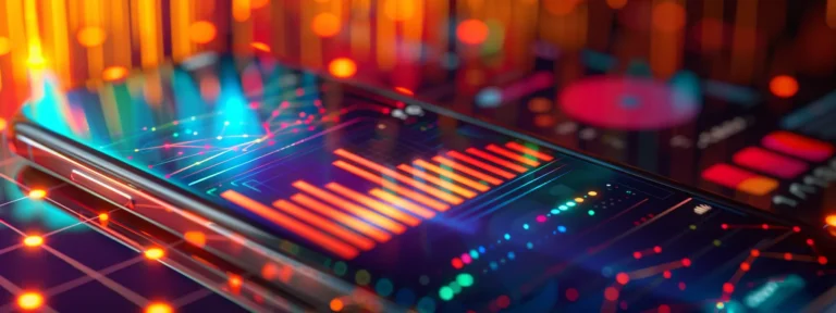a glowing smartphone screen displaying a captivating user-generated photo, surrounded by a halo of analytics charts and graphs.