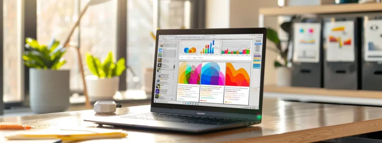 a laptop displaying a colorful, engaging user-generated content feed with high engagement metrics on a desk in a bright, modern office setting.