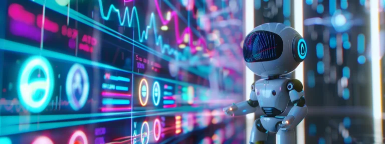 a futuristic robot analyzing data patterns on a digital screen filled with colorful graphs and charts.