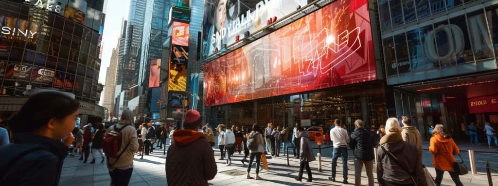 a futuristic ai-powered billboard displaying targeted ads to a diverse crowd of onlookers in a bustling city square.