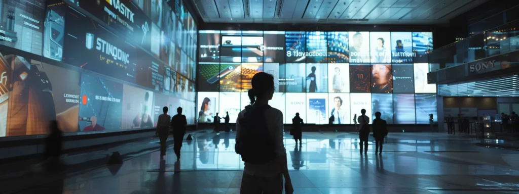 a futuristic digital screen displaying dynamic product videos overlaid with analytics data, showcasing the efficiency and innovation of ai-powered video ads for ecommerce.