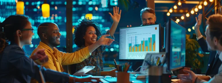 a group of diverse professionals celebrating with high-fives and smiles in front of a computer displaying a graph showing high return on investment (roi) from user-generated content (ugc) ads.