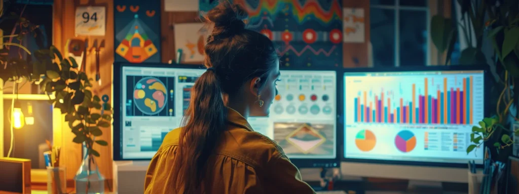 a person looking at a computer screen with multiple colorful graphs and charts displaying the success of their ugc ad campaign.