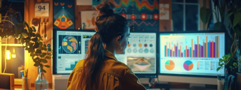 a person looking at a computer screen with multiple colorful graphs and charts displaying the success of their ugc ad campaign.