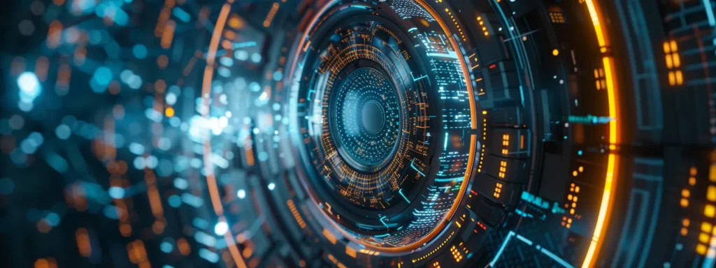 a futuristic robot analyzing data and generating targeted advertisements.