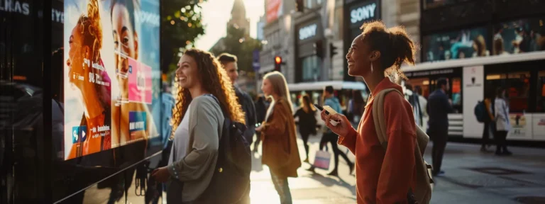 a diverse group of people engaging with personalized user-generated content ads on digital screens in a bustling city square.