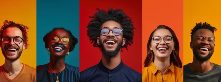 vibrant and diverse group of smiling customers showcasing products in real-life settings.