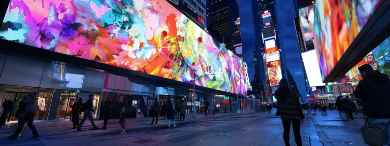 a vibrant array of colorful and dynamic user-generated content displayed on a giant digital billboard in a bustling city square.