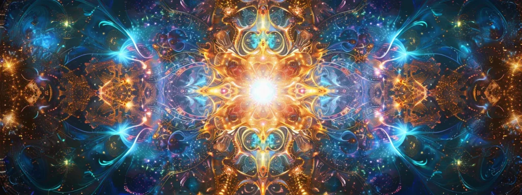 a futuristic, glowing computer screen displaying complex algorithmic patterns related to ai ad generation.