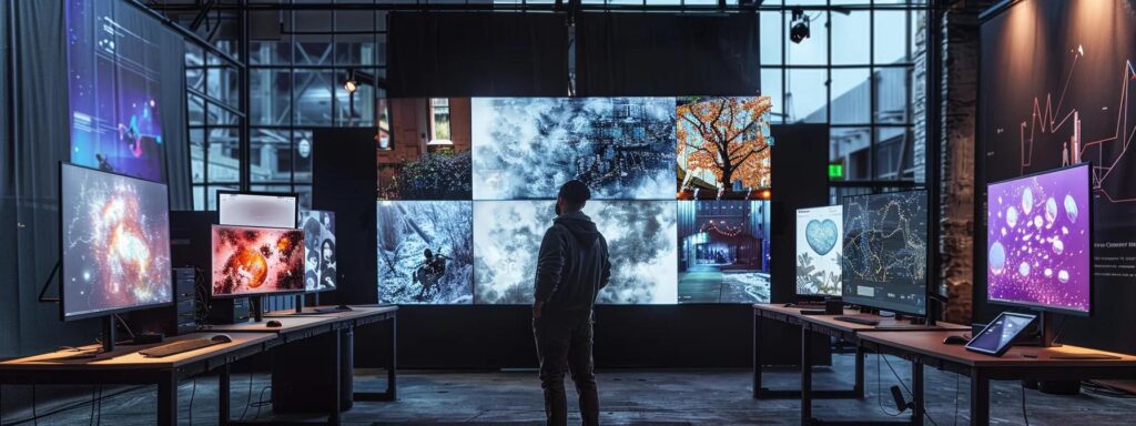 a dynamic workspace brimming with vibrant digital screens, showcasing diverse visual content being effortlessly generated by advanced ai tools.