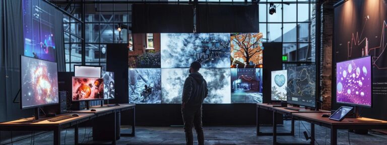 a dynamic workspace brimming with vibrant digital screens, showcasing diverse visual content being effortlessly generated by advanced ai tools.