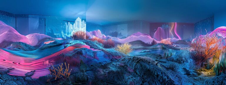a futuristic digital landscape pulsates with vibrant colors, showcasing a harmonious blend of creativity and technology as ai-generated content springs to life in mesmerizing patterns.