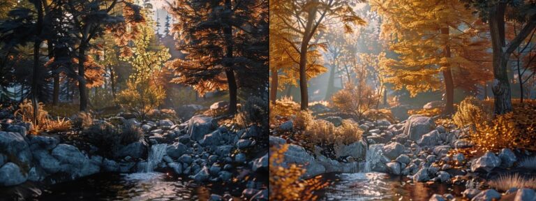 a striking side-by-side comparison of a vibrant, lifelike ai-generated scene and a warm, authentic traditional user-generated image, showcasing their contrasting impacts on viewer engagement.