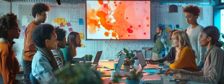 a vibrant brainstorming session unfolds in a modern office, where diverse creatives gather around a glowing screen, exchanging innovative ideas fueled by ai-driven insights.