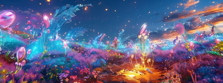 a vibrant digital landscape bursts with colorful, dynamic visuals of diverse ai-generated content engaging enthusiastic audiences.