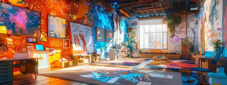 a vibrant digital landscape contrasts with a cozy, sunlit room filled with hand-drawn sketches, symbolizing the clash between traditional creativity and modern technology.