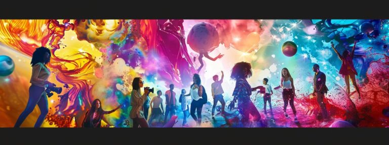 a vibrant digital landscape showcases a diverse group of content creators collaborating seamlessly with ai, surrounded by swirling colors of creativity and innovation.