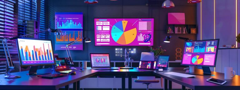 a vibrant workspace filled with sleek laptops displaying colorful graphics and charts, symbolizing the dynamic world of top ai content creation tools.