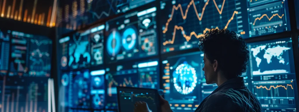 a futuristic ai-powered robot analyzing vast amounts of data on a digital screen with complex algorithm charts and graphs in the background.