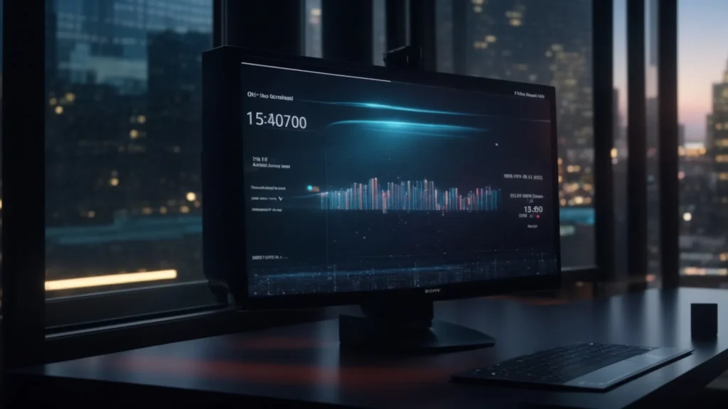 a futuristic ai ad generator displaying real-time engagement statistics on a digital screen.