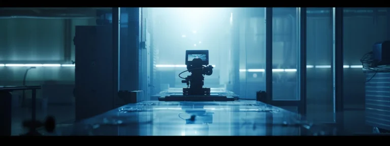 a futuristic ai robot creating dynamic advertisements with precision and speed in a sleek, high-tech laboratory.