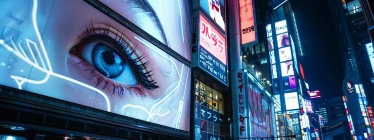 a futuristic ai robot creating eye-catching advertisements on a digital screen.