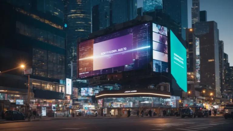 a futuristic ai-powered billboard displaying targeted ads based on real-time analytics data in a bustling cityscape.