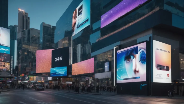 a futuristic ai-powered billboard displaying a dynamic and eye-catching advertisement, showcasing the success of benchmarking in ai generated ads.