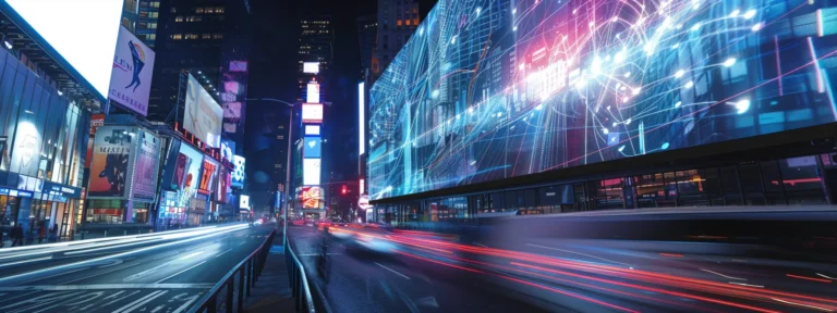 a futuristic digital billboard displaying personalized ads based on real-time data, transforming a busy city street into a dynamic and engaging marketing landscape.