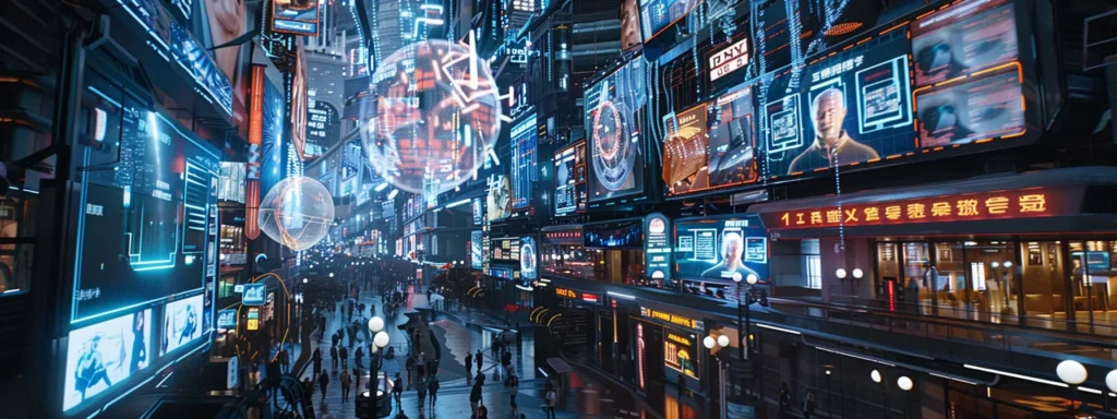 a futuristic, high-tech computer screen displaying personalized ads based on advanced artificial intelligence algorithms.