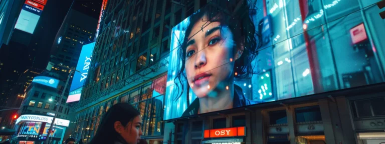 a futuristic holographic billboard displaying personalized ads based on real-time data analytics.