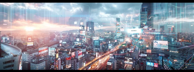 a futuristic holographic billboard displaying targeted ads in a bustling cityscape.