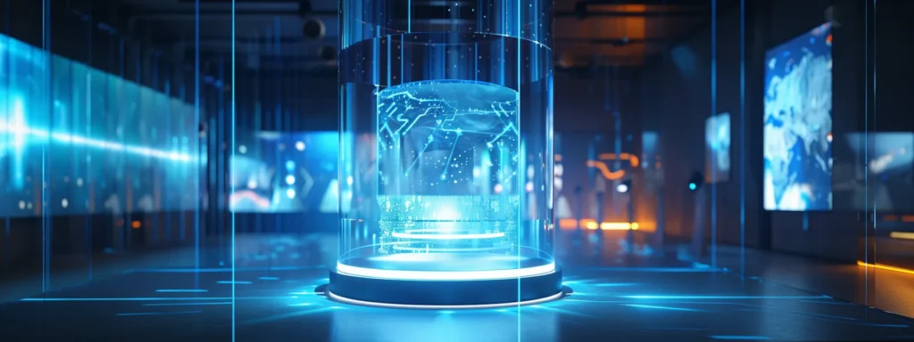 a futuristic holographic display showcasing impressive user-generated content, surrounded by advanced technology and a sleek, minimalist design.
