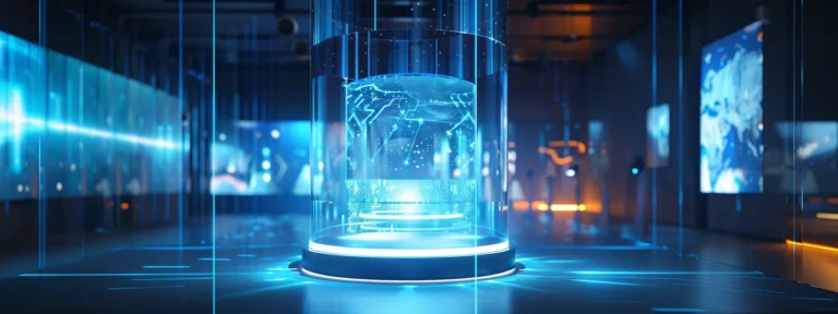 a futuristic holographic display showcasing impressive user-generated content, surrounded by advanced technology and a sleek, minimalist design.
