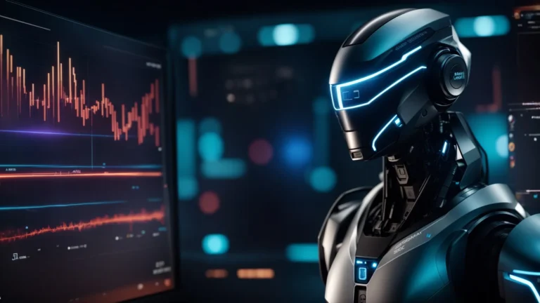a futuristic robot analyzing data on a holographic screen with glowing graphs and charts.