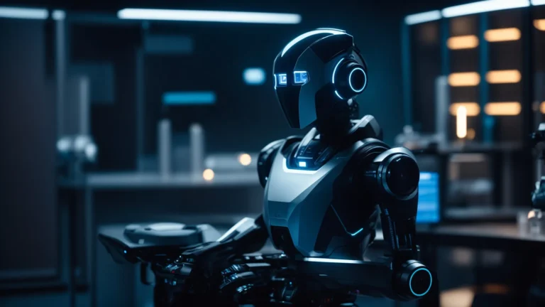 a futuristic robot analyzing data patterns inside a sleek, high-tech laboratory.