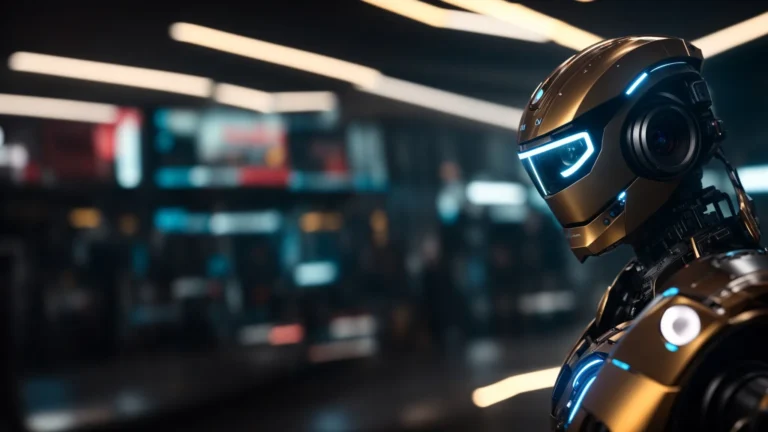 a futuristic robot creating dynamic, eye-catching advertisements on a digital screen.