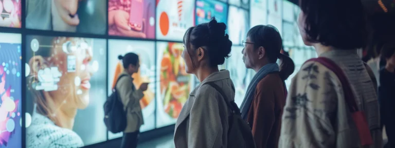 a group of diverse individuals interacting with personalized advertisements displayed on digital screens powered by innovative machine learning algorithms.