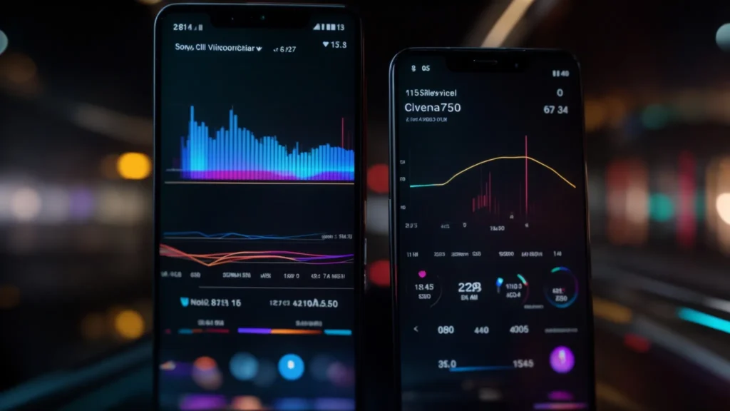 a sleek black smartphone displaying a colorful graph of data analytics overlaid with futuristic ai visuals.