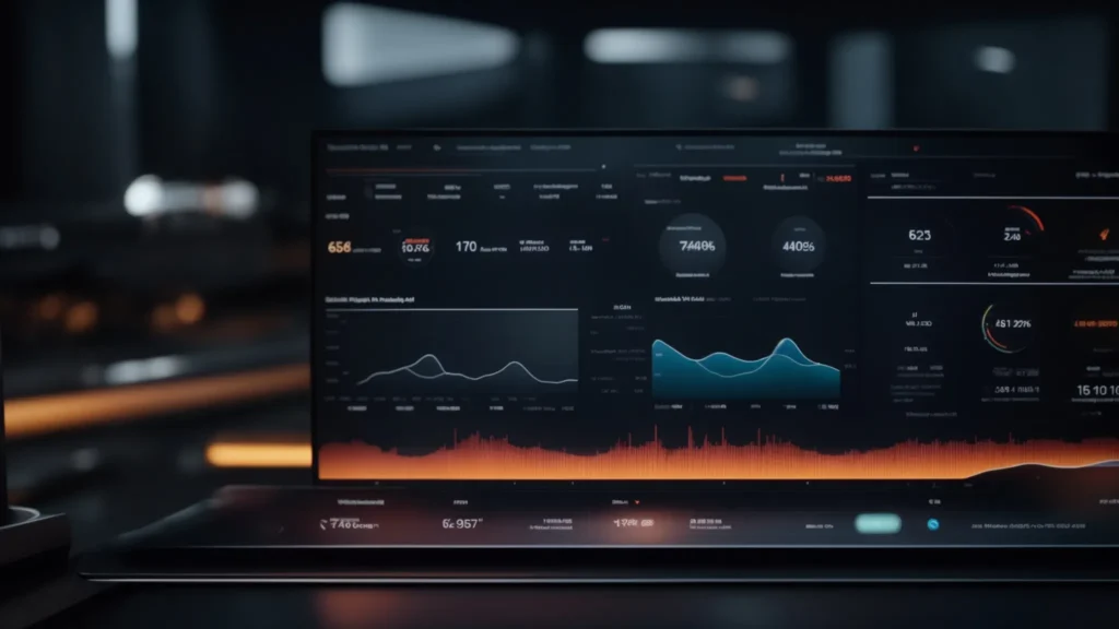a sleek, futuristic ai dashboard displaying a variety of detailed performance metrics in a high-tech office setting.