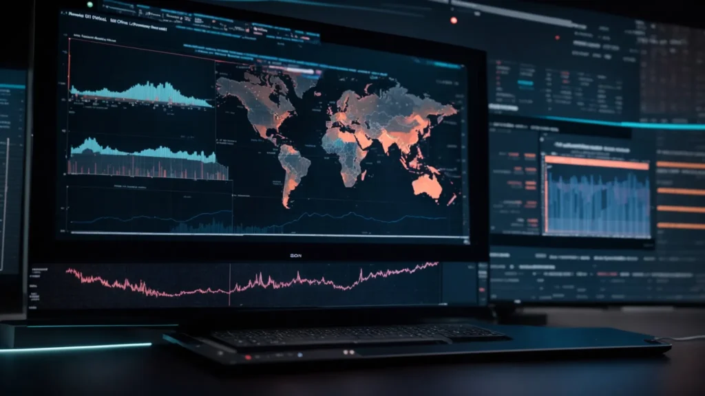 a sleek, futuristic computer monitor displaying complex data charts and graphs related to ai advertising analytics.