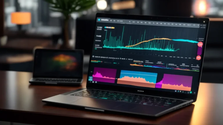 a sleek, modern laptop displaying detailed analytics graphs and charts, surrounded by colorful ai marketing materials.