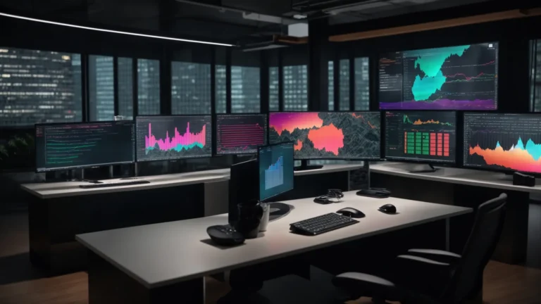 a sleek, modern office desk displaying multiple computer screens with colorful data visualizations, charts, and graphs related to ai ad campaigns.