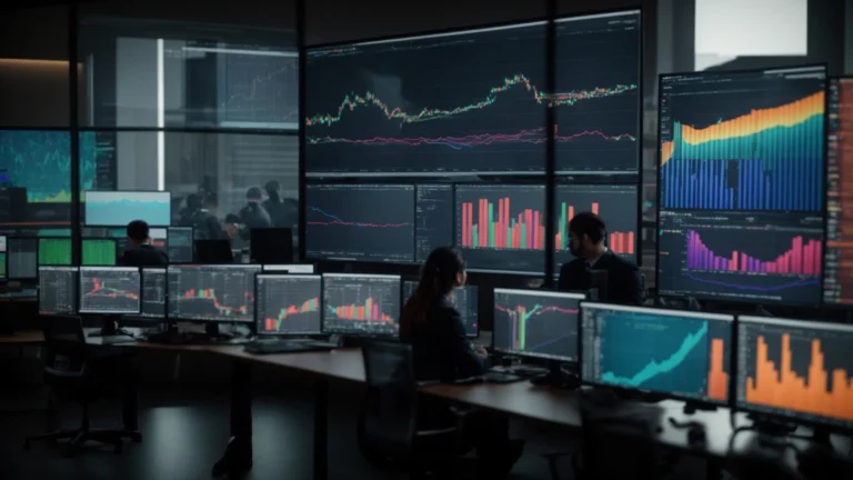 a team of analysts studying colorful graphs and charts on a large-screen monitor, uncovering patterns and insights in an office setting.