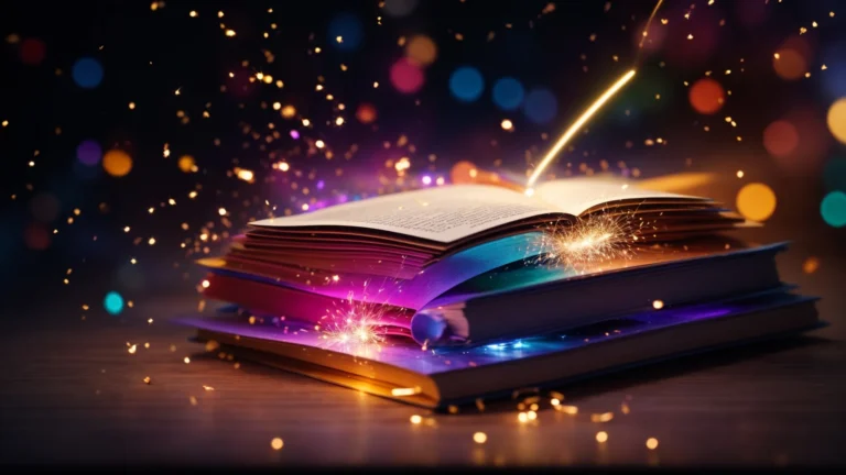 a vibrant array of digital tools and colorful sparks swirling around an open book, symbolizing the unlocking of creativity with content generation.