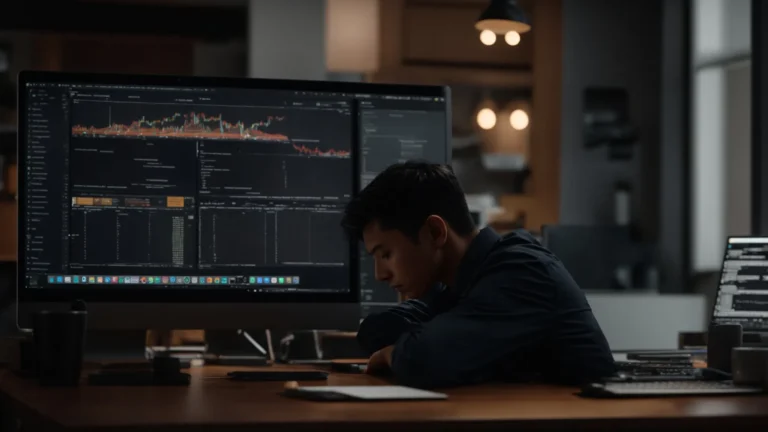 an office desk with a laptop displaying various ai copywriting tools options, with a small business owner contemplating their choice.